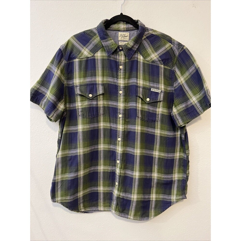 Lucky Brand Vintage Top XXL Short Sleeve Button Up‎ Western Plaid Lined India